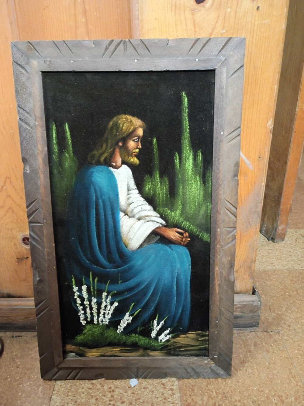 70s Retro Black Velvet Painting Jesus Praying Mexico Carved Wood Frame Vintage